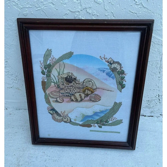 Something Special Ocean Beach Shell Scene Cross Stitch Kit Completed Frame 22x19 - Picture 2 of 9